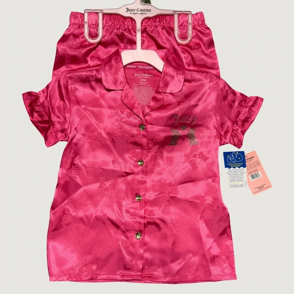 Juicy Couture Girls Pink Satin Pajama Set Scottie Dog Rhinestone 6/6X NEW